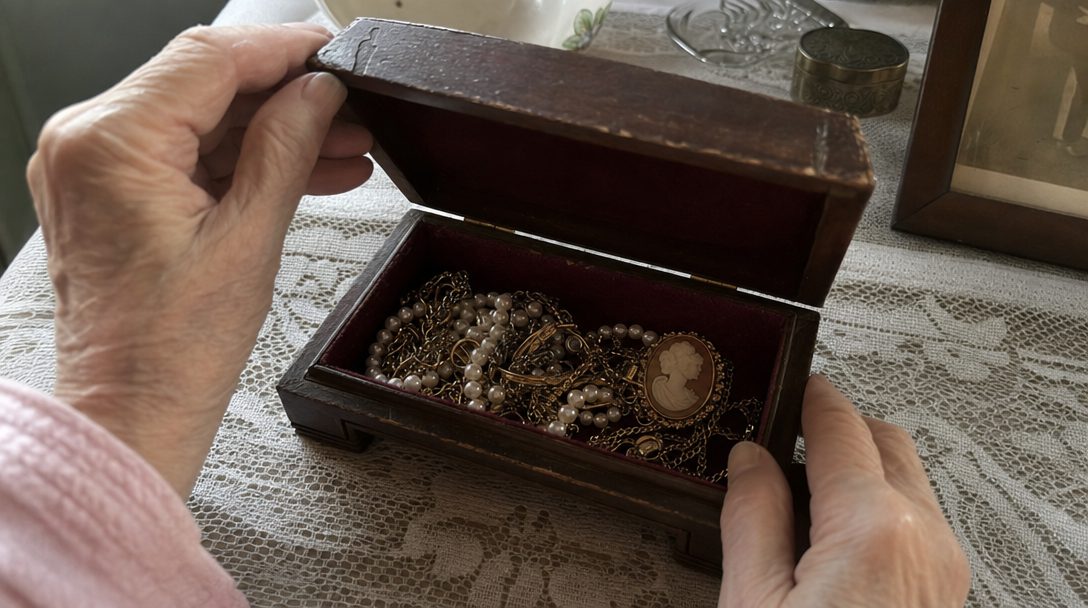 An older woman's hands opening a jewelry box