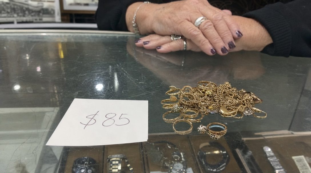 A pawn shop counter with a written offer slip