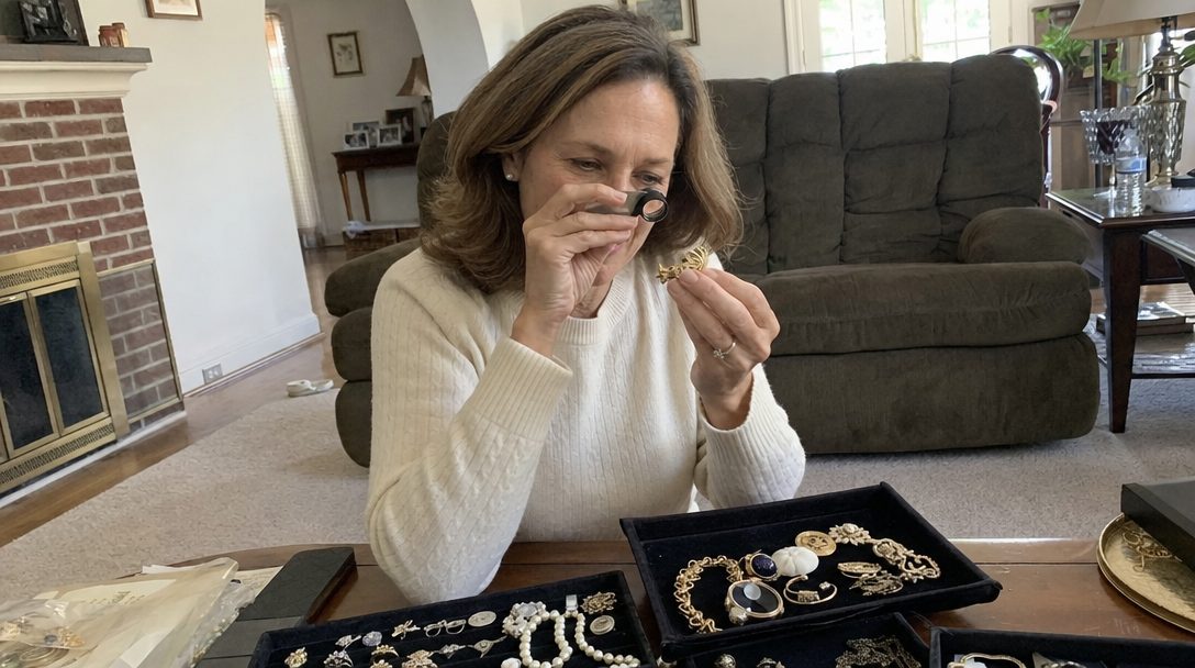 Diane Whitmore at an estate table, examining a piece through a loupe