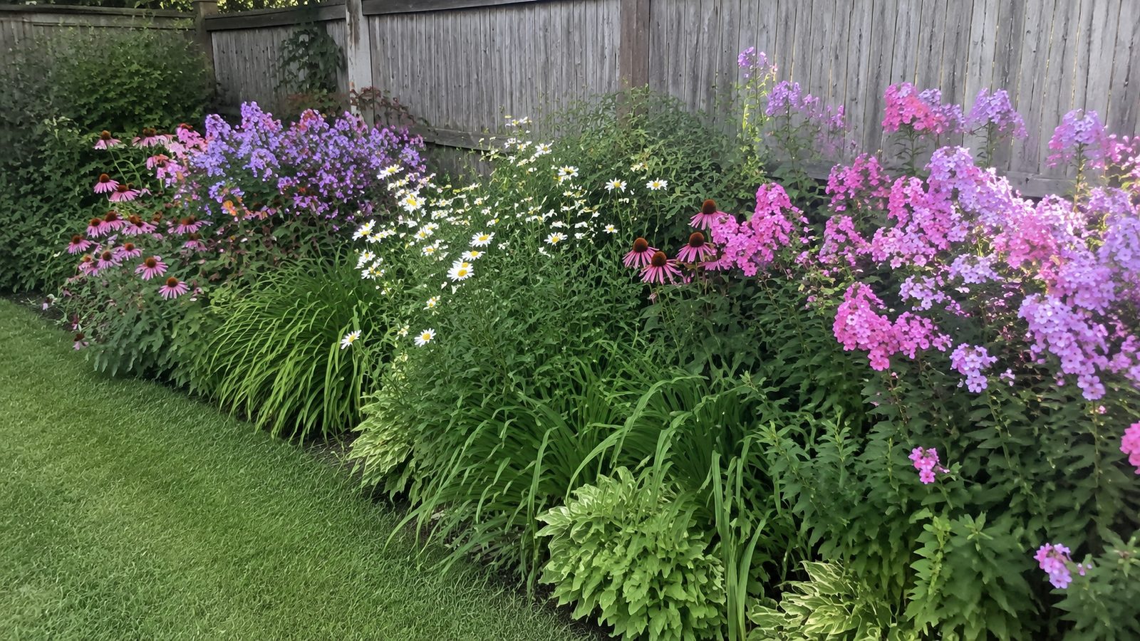 A full perennial border running along a cedar fence