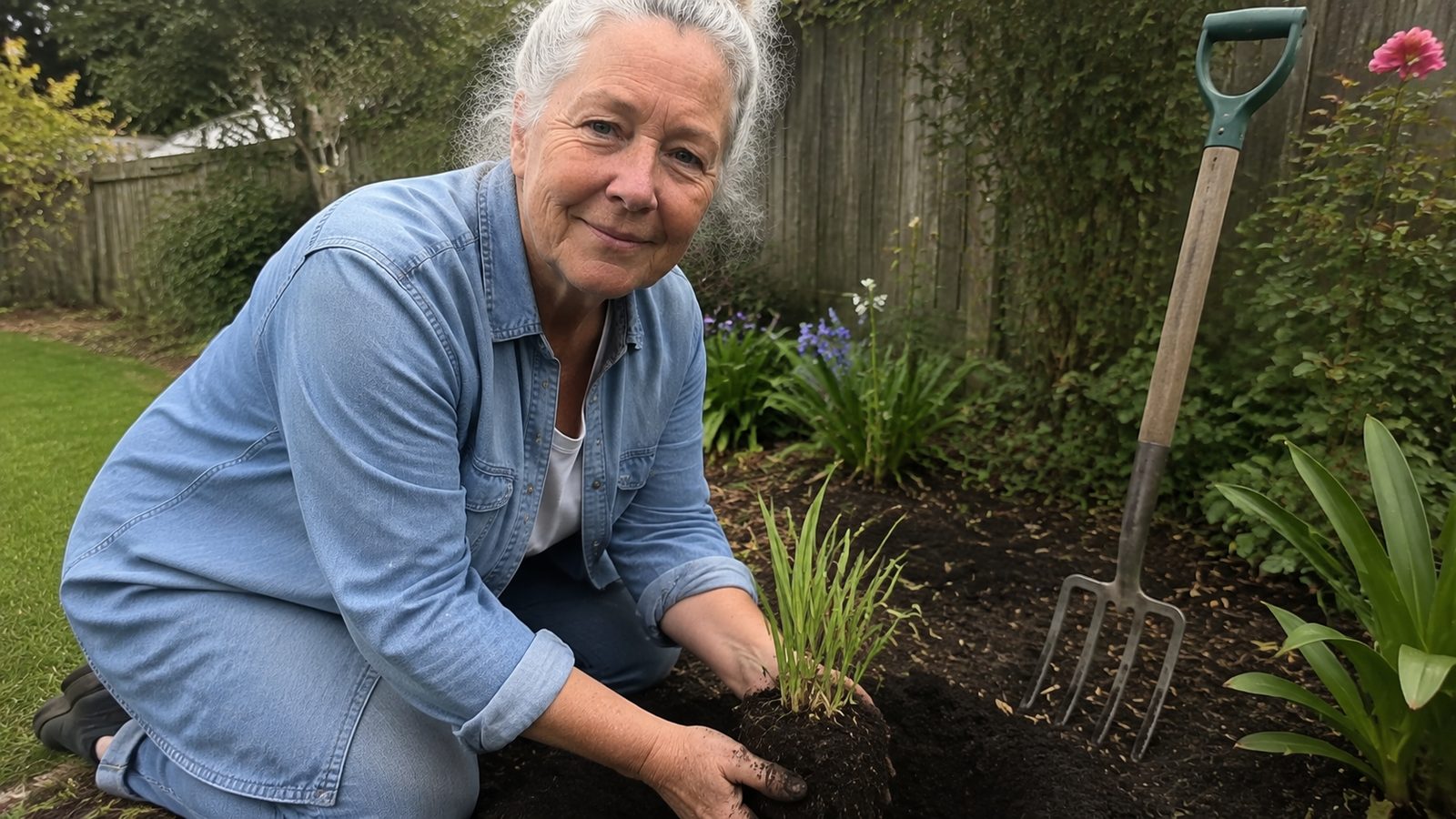 Opal Hargrove kneeling in a bed, dividing a clump