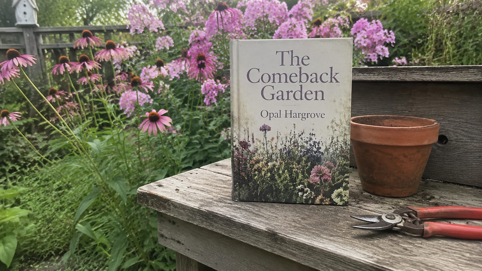 The Comeback Garden standing on a weathered cedar potting bench with a perennial border behind it