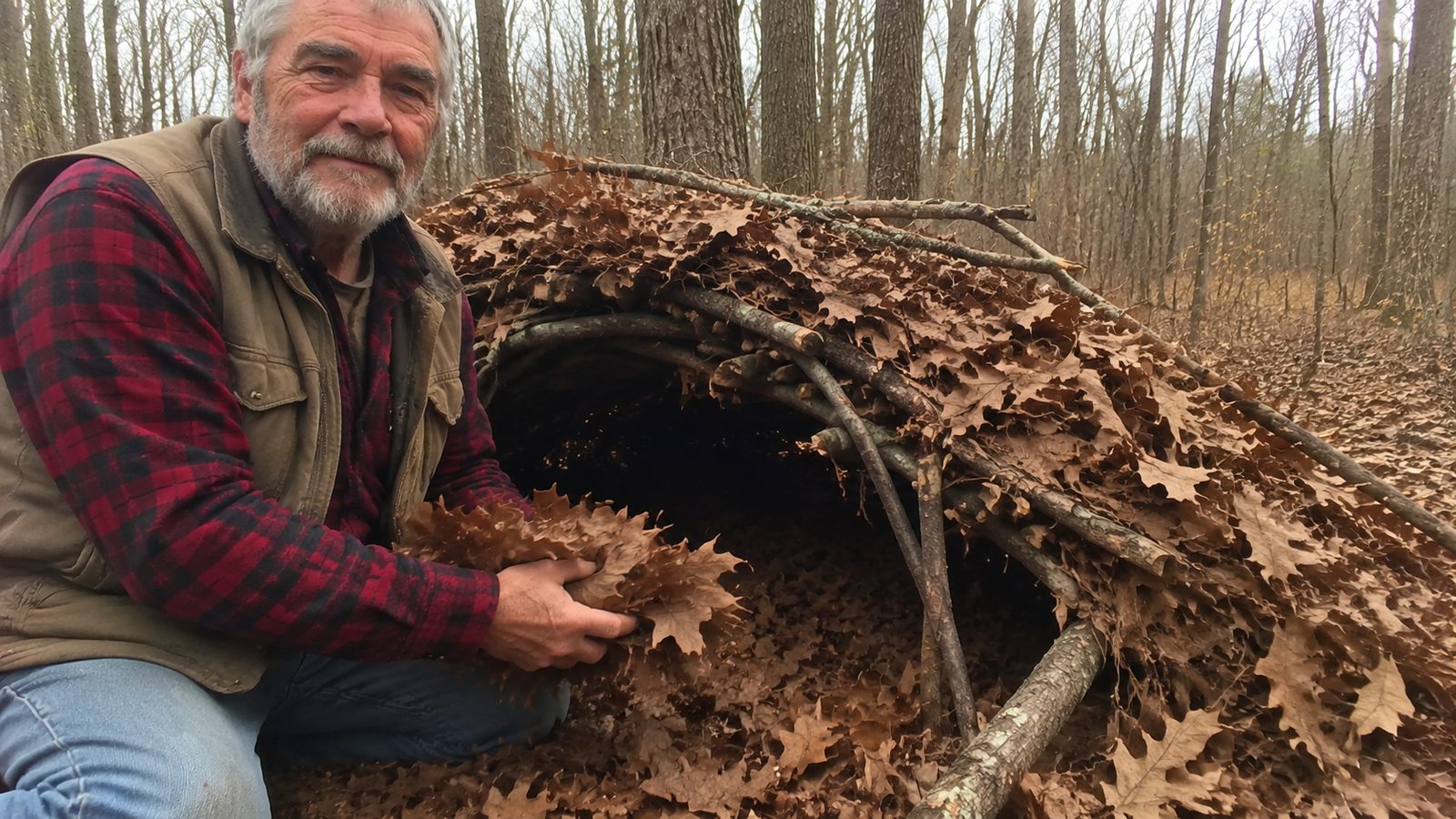 Cal Ironwood kneeling beside a brush shelter he has built in the oak and hickory woods