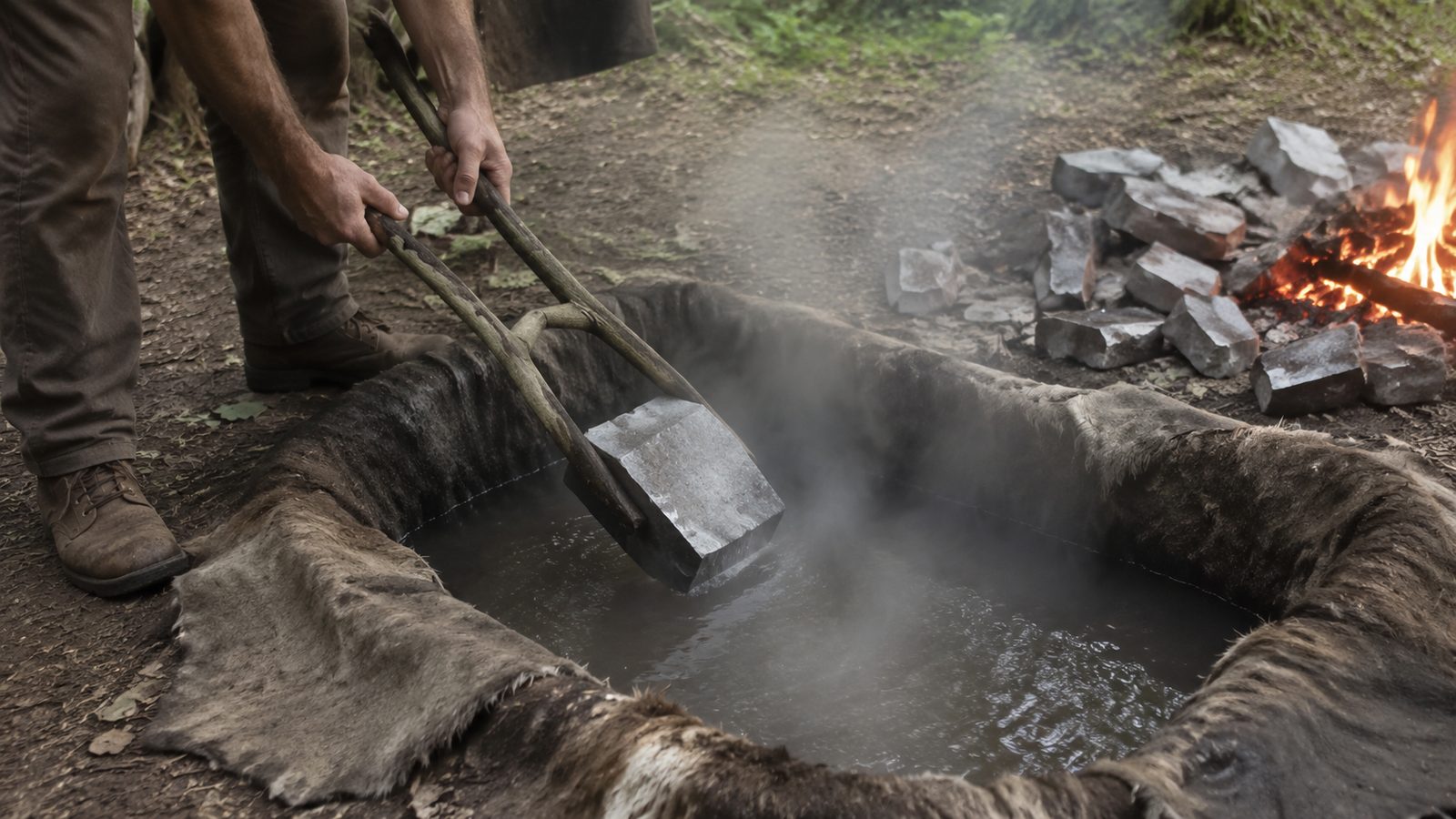 Drawing from the book of stone boiling, with hot rocks lifted into a pot of water