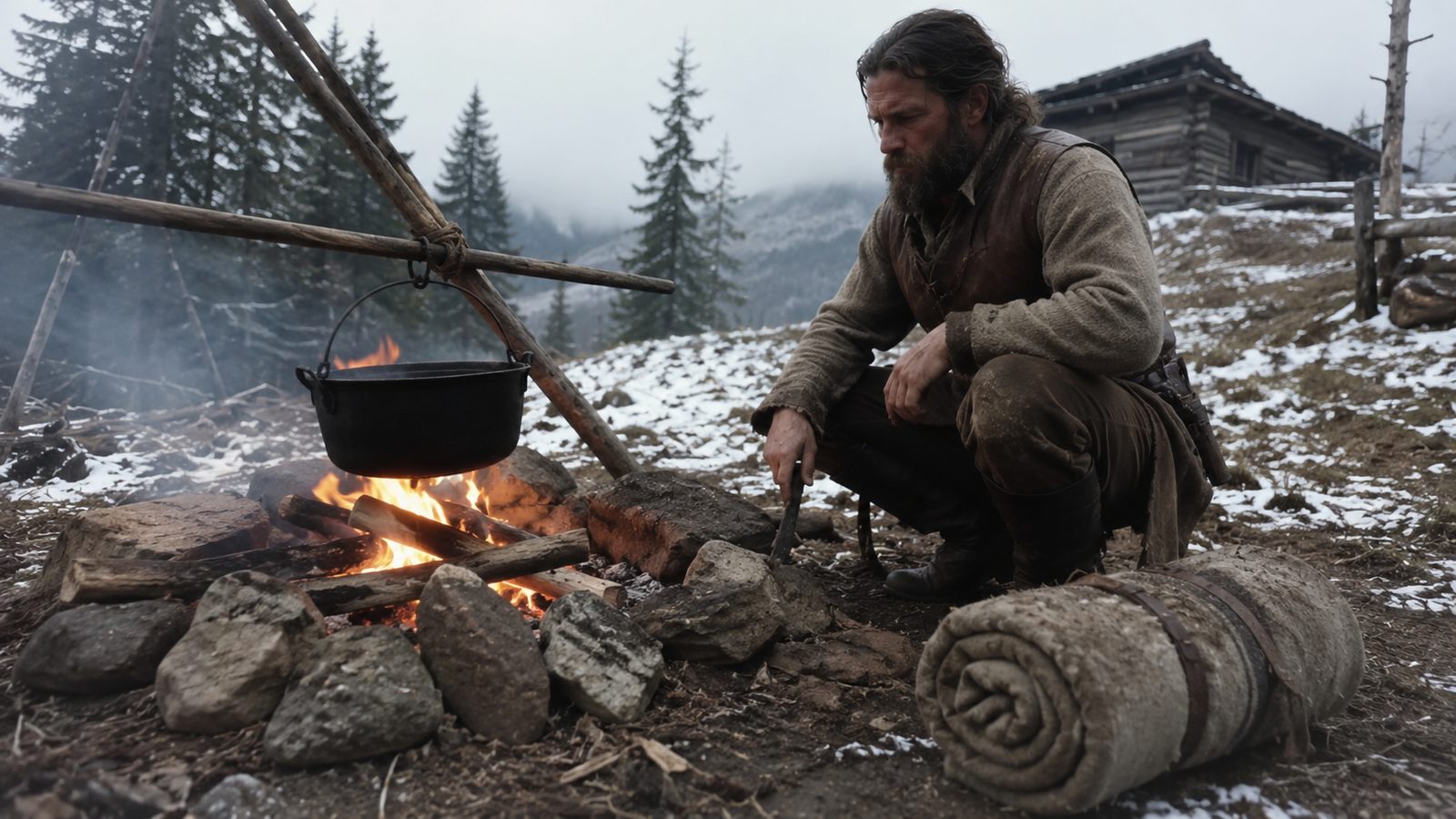 A mountain man at a campfire with a cast-iron pot on the snowy ridge
