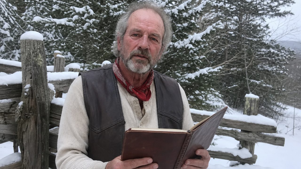 Amos Ward on his Appalachian ridge holding a leather journal