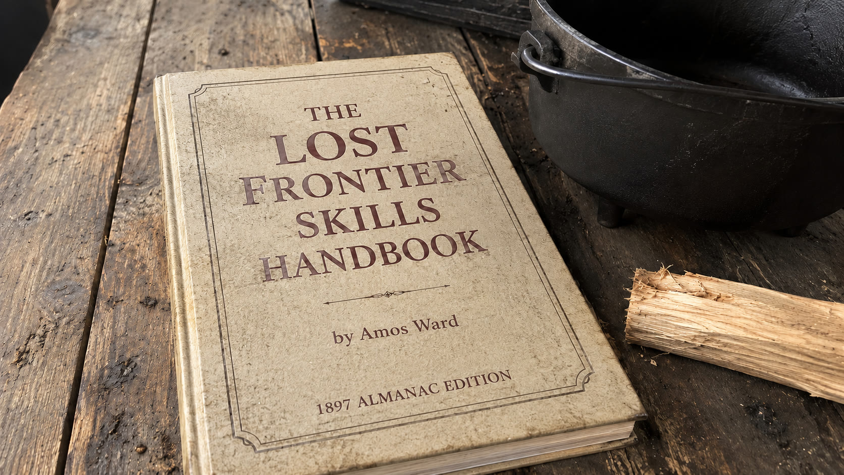 The Lost Frontier Skills Handbook by Amos Ward — book cover on a rough wood table with a cast-iron pot and fatwood