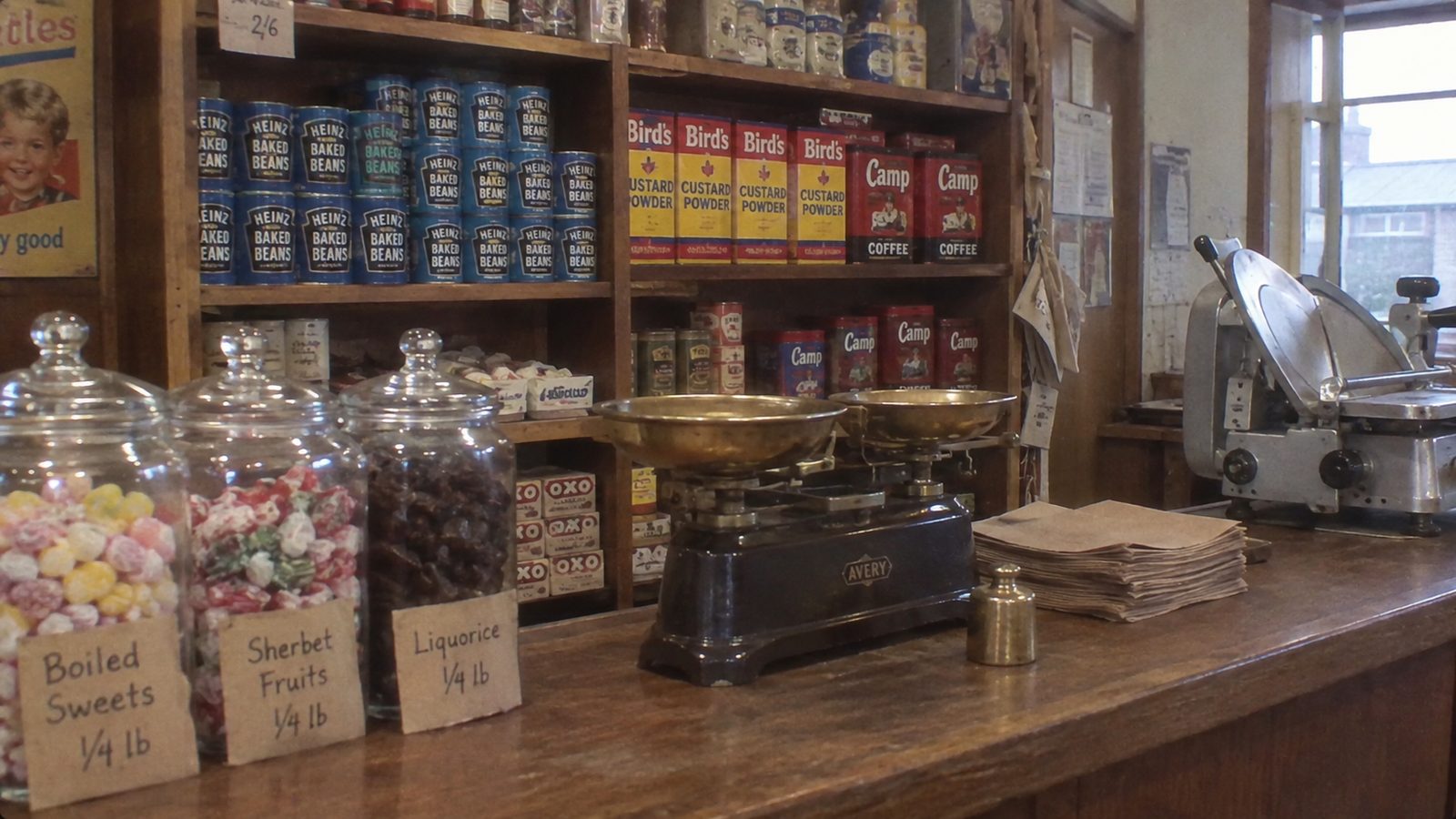 The counter of a British corner shop, with brass scales, paper bags and a hand-written price card