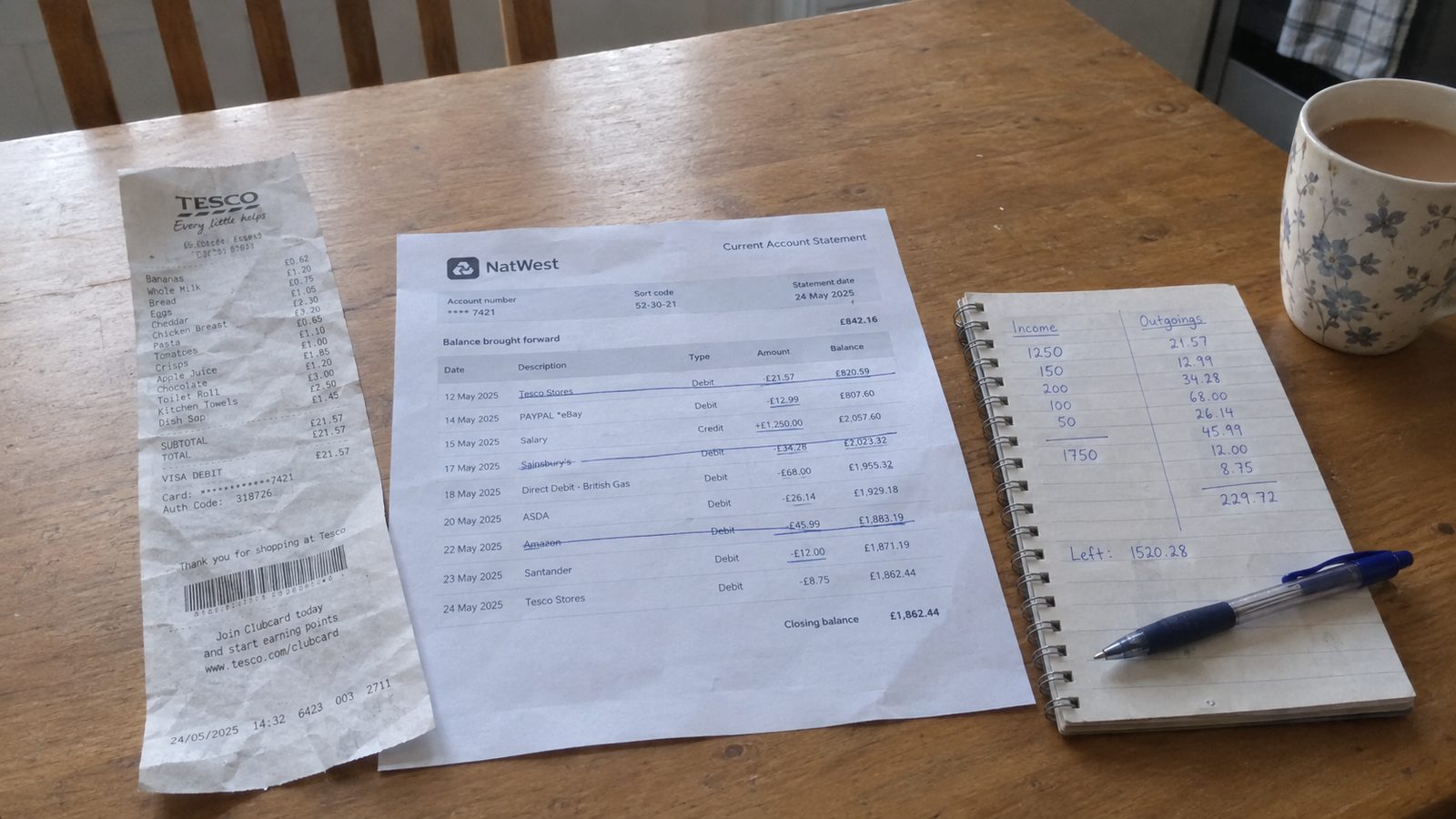 A kitchen table with a shop receipt and a bank statement laid out side by side