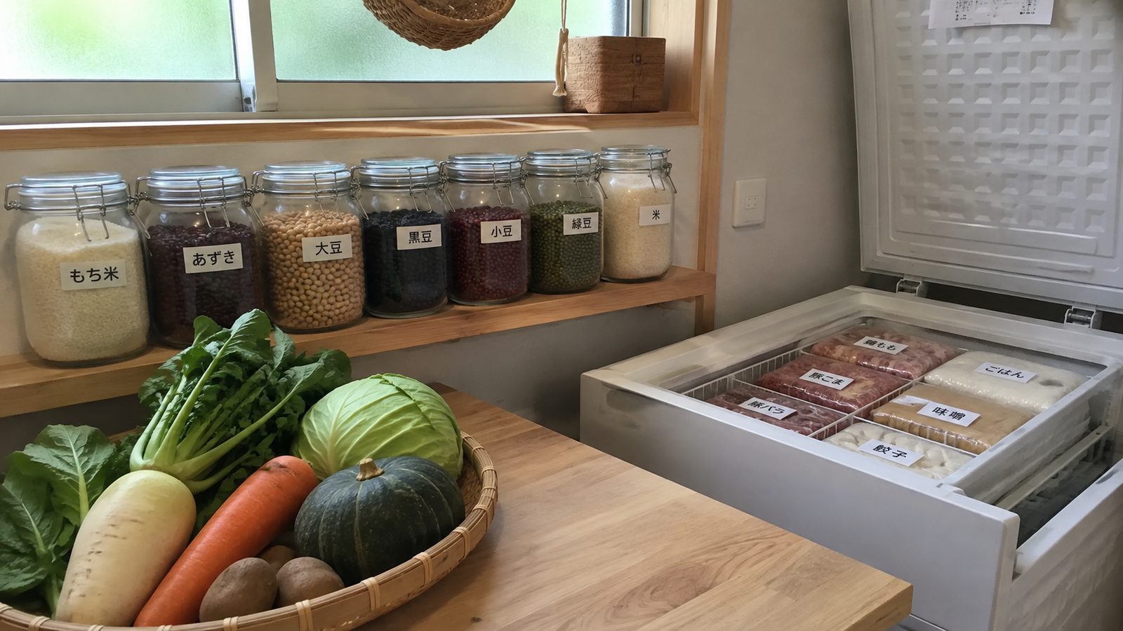 A calm, tidy Japanese kitchen with labeled glass jars