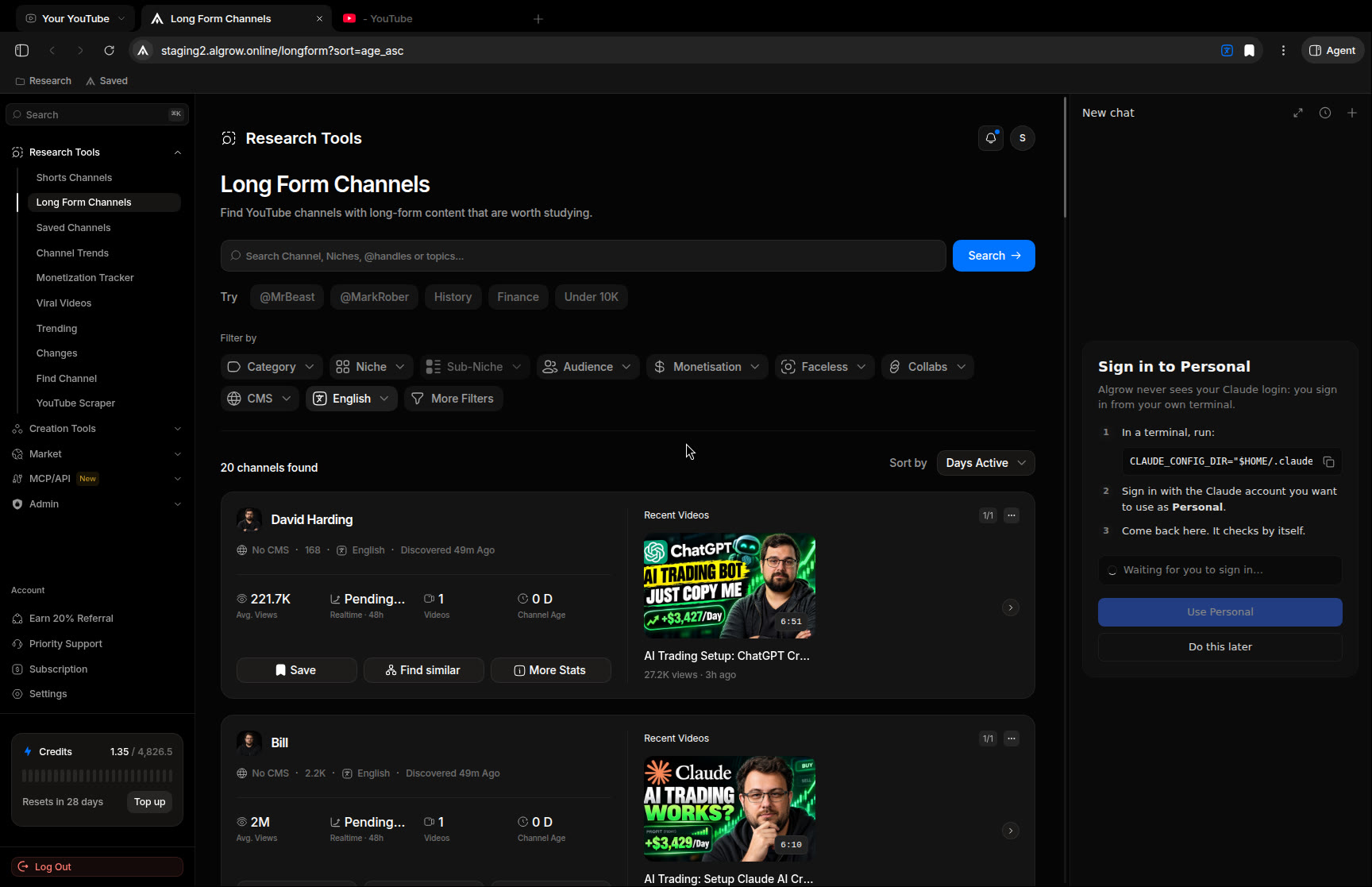 Adding an account: the command to run and Algrow waiting for the sign-in